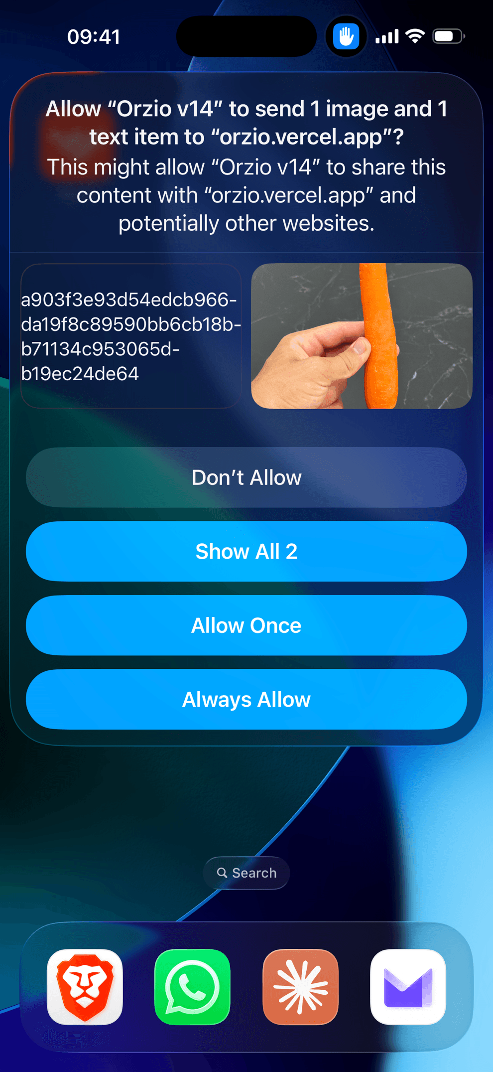 The first-run permission dialog asking to send the photo to orzio.vercel.app - tap Always Allow
