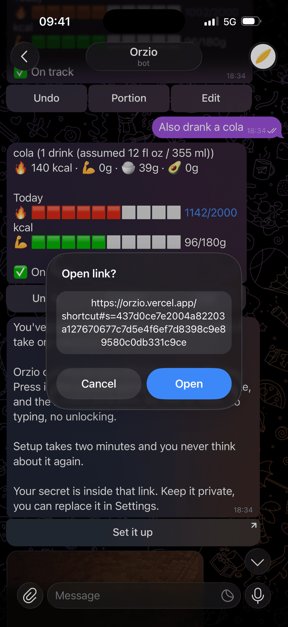 Telegram's Open link dialog for the orzio.vercel.app shortcut link - tap Open